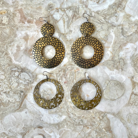 Vintage Jewelry - Brassy Bundle Boho Jungle Circle Dangle Earrings (2)